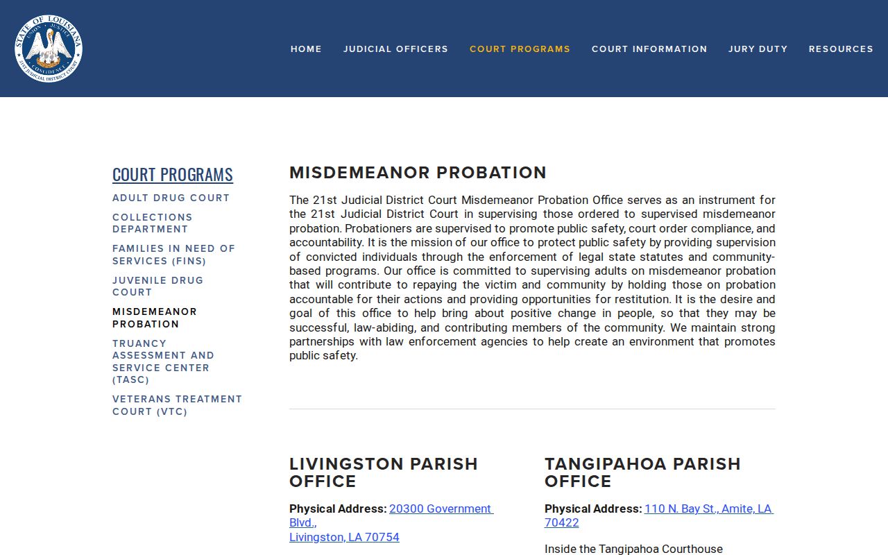 St. Helena Parish misdemeanor probation office information after arrest