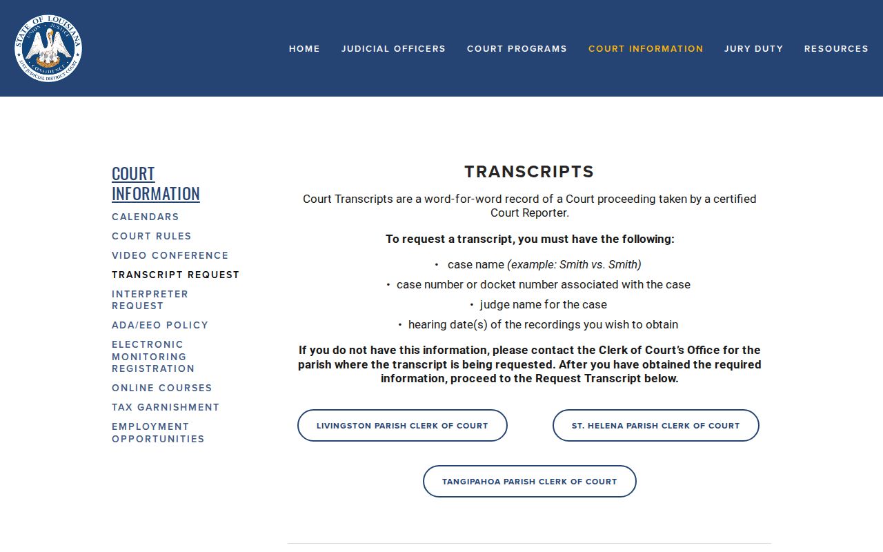 St. Helena Parish criminal court transcript request identifiers