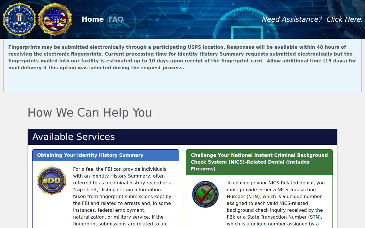 FBI ordering portal for a St. Helena Parish Greensburg record check