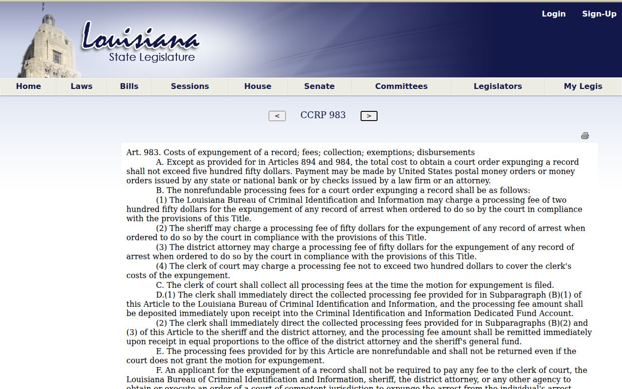 Expungement fees in a St. Helena Parish Montpelier record check