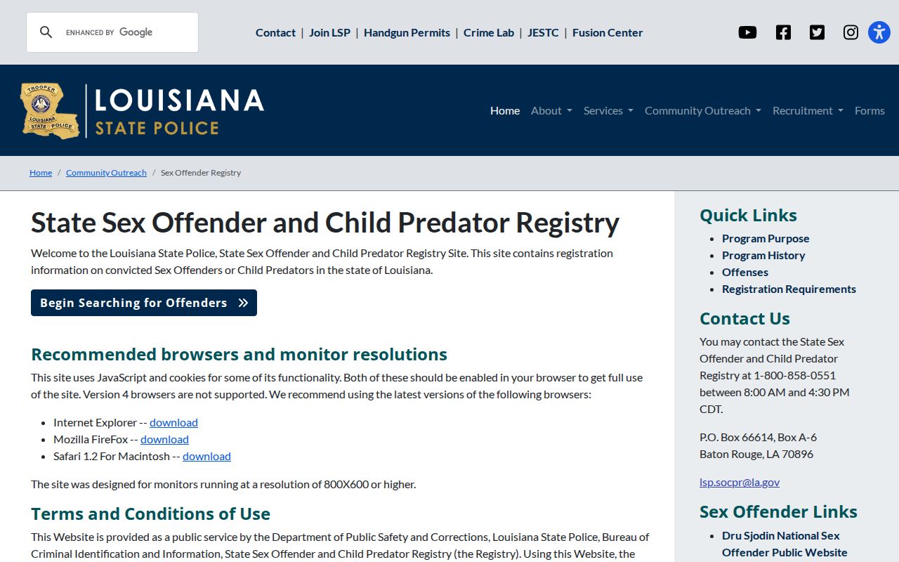 St. Helena Parish sex offender lookup registry conditions and search entry