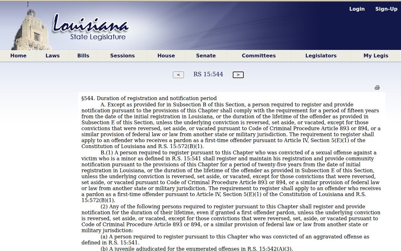 Registration periods for a St. Helena Parish sex offender lookup